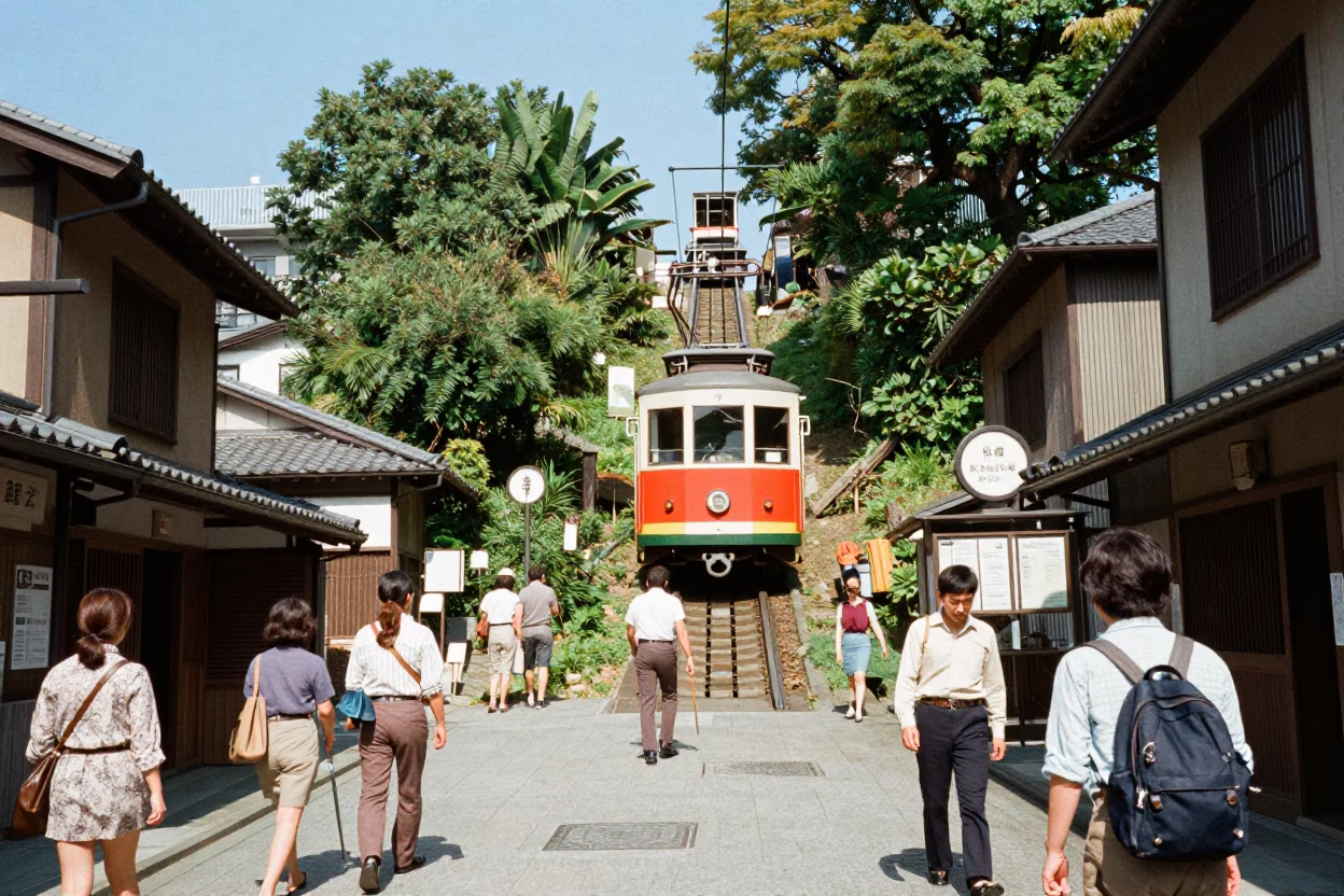 Vintage 1970s Osaka Street Scene with Funicular and Local Life in in Osaka, Japan