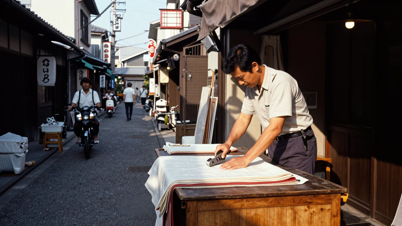 Vintage 1970s Osaka Street Scene with Rotary Cutter and Classroom Projector Beam in in Osaka, Japan
