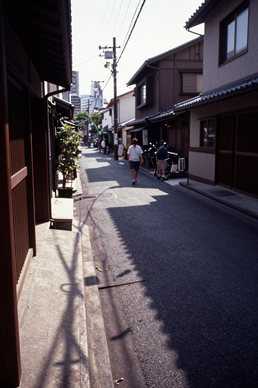 Vintage 1970s Osaka Street Scene with Wicker Shadow and Clay Pot in in Osaka, Japan