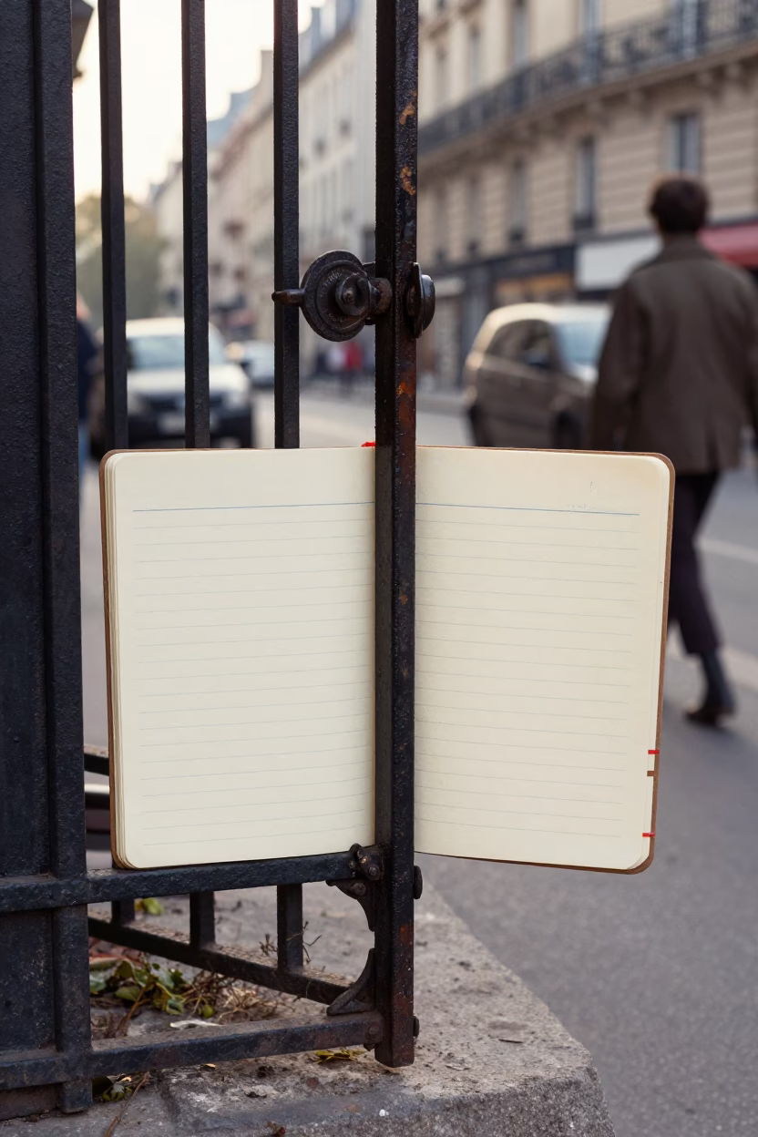 Vintage 1970s Paris Street Scene with Blank Notebooks and Garden Gate at First Light in in Paris, France