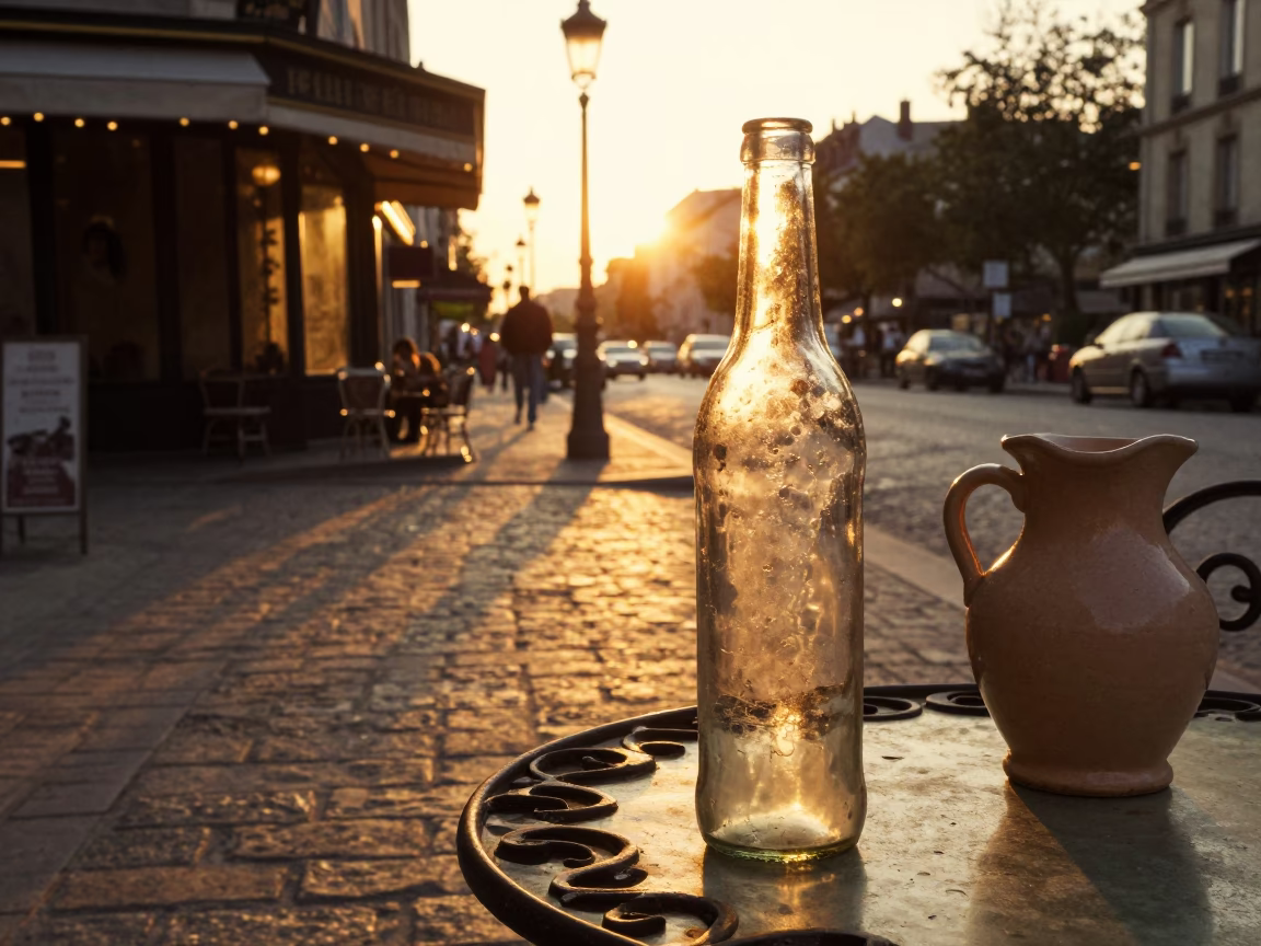 Vintage 1970s Paris Sunset Street Scene with Glass Bottle and Ceramic Pitcher in in Paris, France