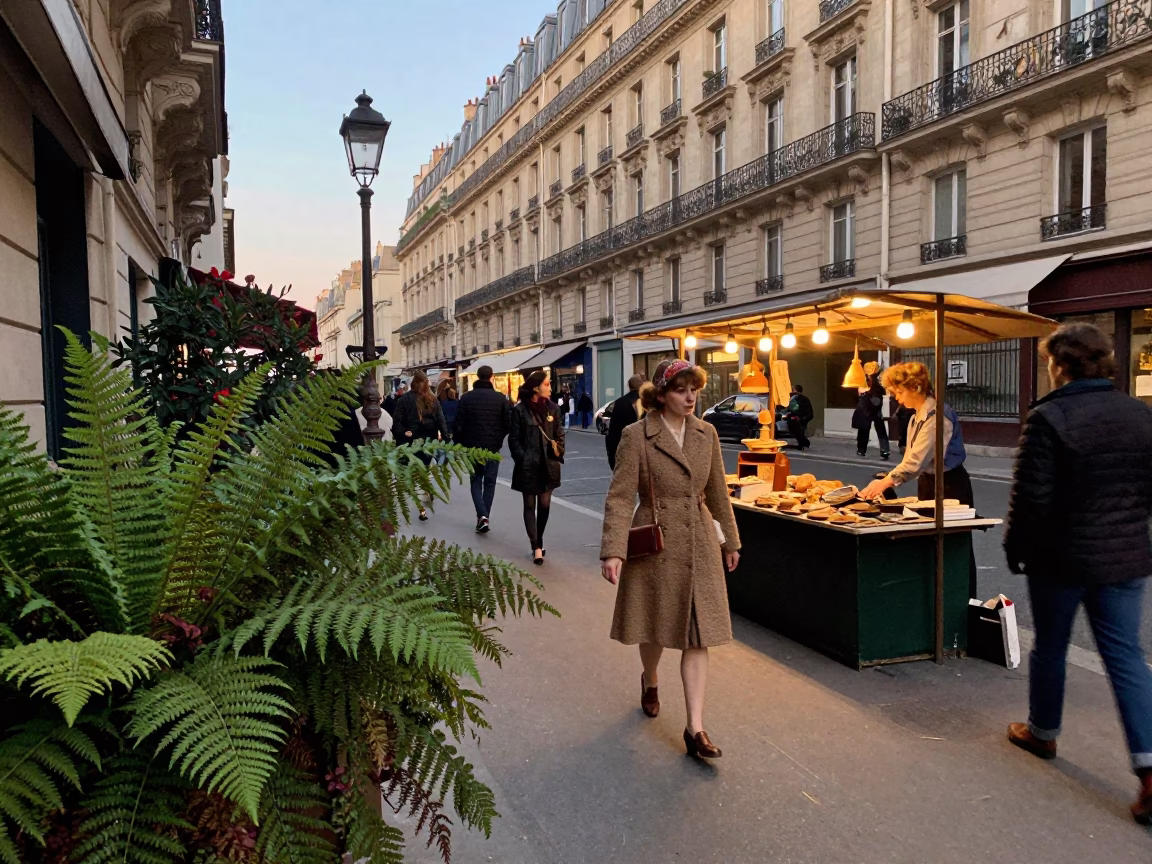 Vintage 1970s Parisian Evening Street Scene with Ferns and Spices in in Paris, France