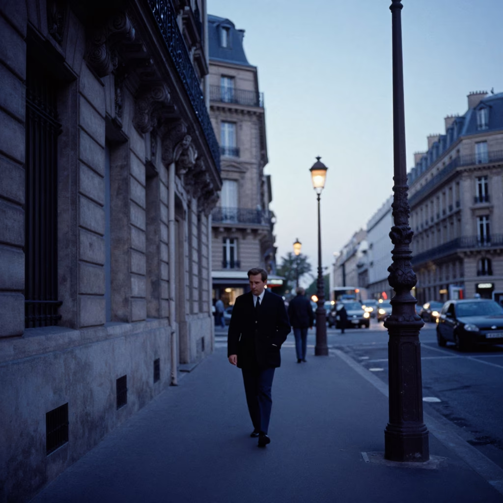 Vintage 1970s Parisian Street Scene at Nautical Dawn with Thermos in in Paris, France