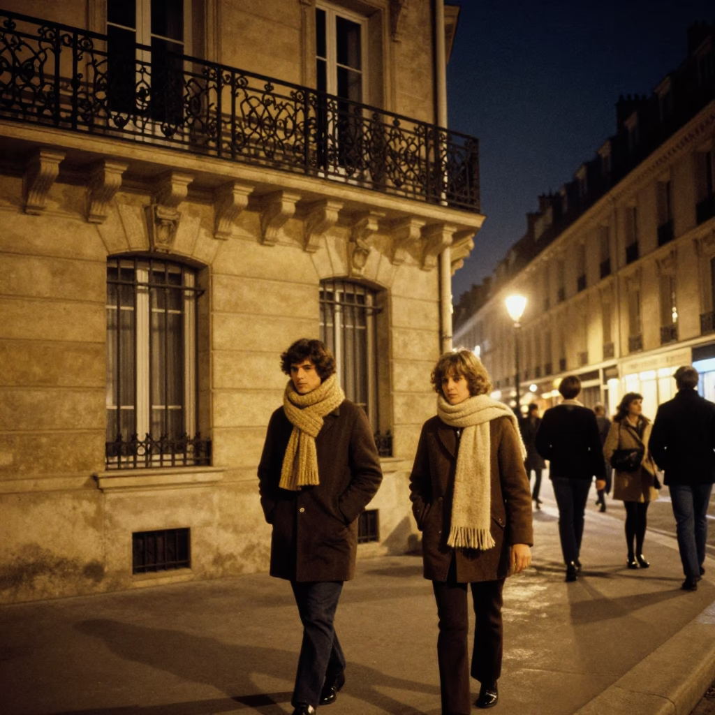Vintage 1970s Parisian Street Scene at Night with Wool Scarves and Iron Architecture in in Paris, France