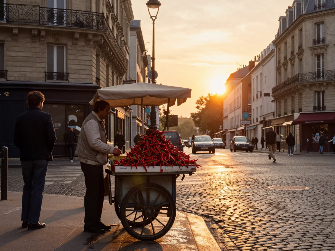 Vintage 1970s Parisian Street Scene at Sunset with Chili Peppers and Soap Residue in in Paris, France