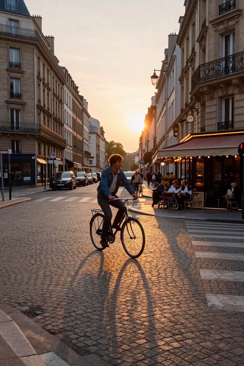 Vintage 1970s Parisian Street Scene with Cyclist and Terracotta Pot at Sunset in in Paris, France