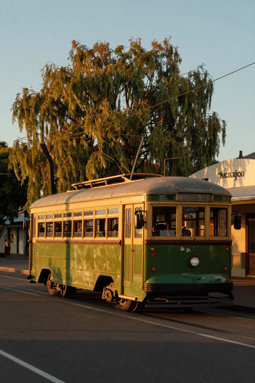 Vintage 1970s Perth Sunset Street Scene with Weeping Willow and Old Trolley in in Perth, Western Australia, Australia
