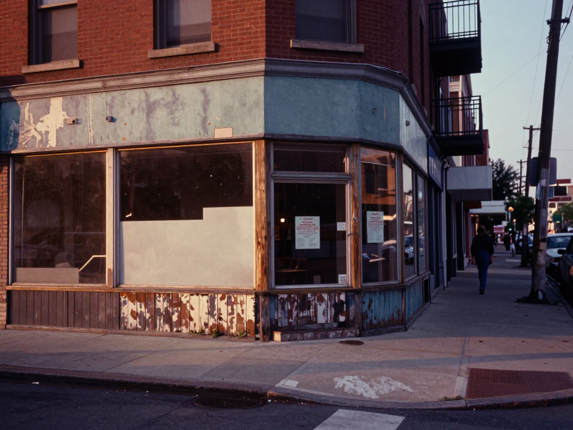 Vintage 1970s Philadelphia Street Scene Early Evening with Scuffed Painted Wood and Local Life in in Philadelphia, Pennsylvania, United States