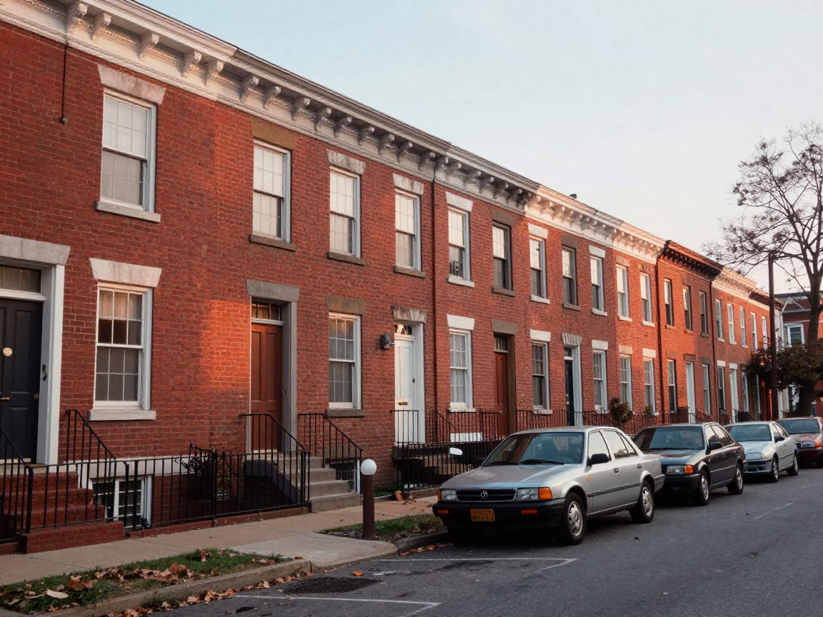 Vintage 1970s Philadelphia street scene with brick row homes and morning commuters in in Philadelphia, Pennsylvania, United States