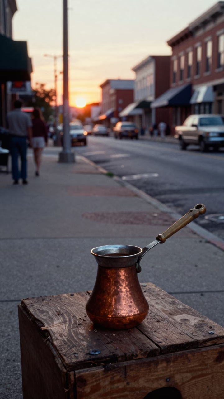 Vintage 1970s Philadelphia Street Scene with Copper Cezve and Sunset Light in in Philadelphia, Pennsylvania, United States