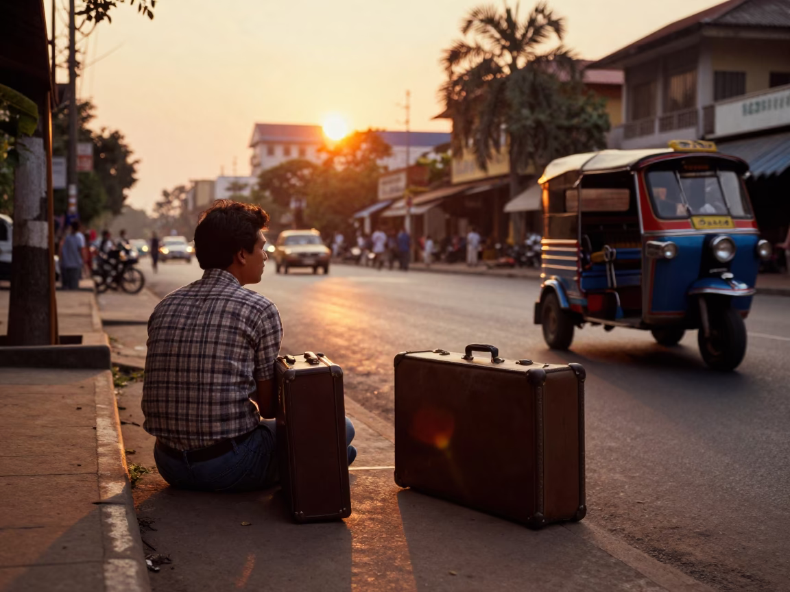 Vintage 1970s Phnom Penh Street Scene with Traveler Suitcases at Sunset in in Phnom Penh, Cambodia