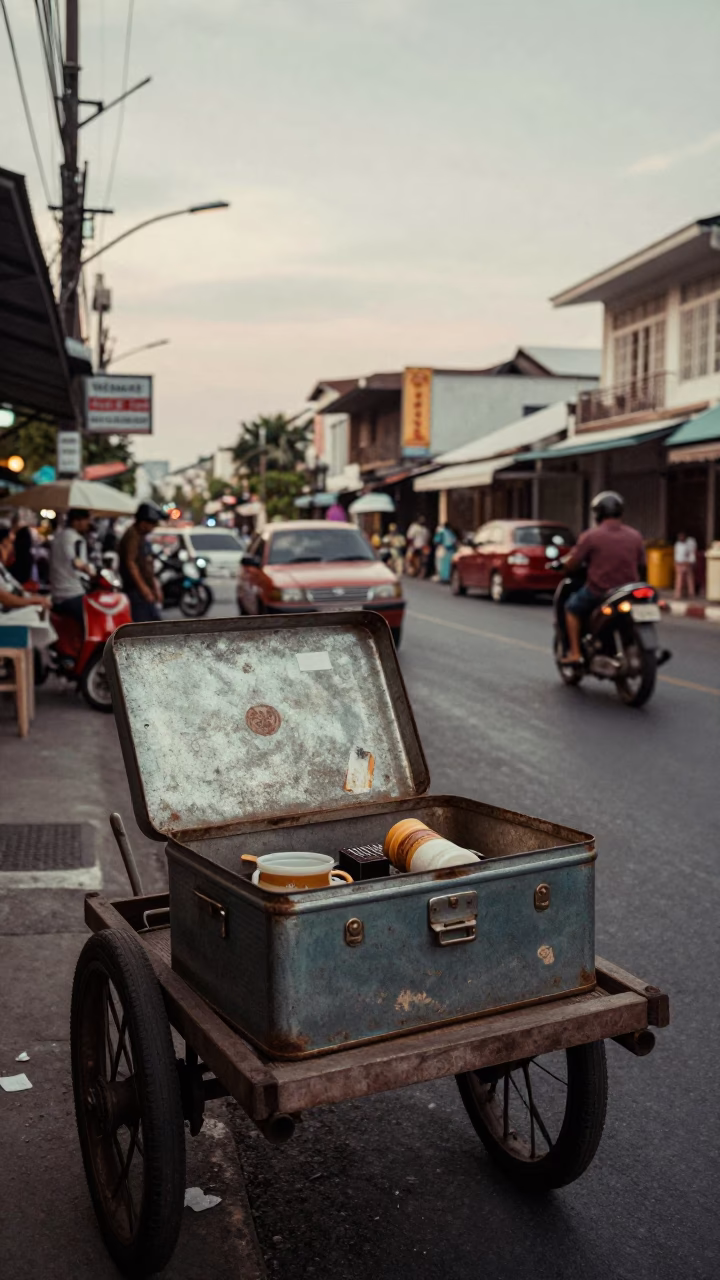 Vintage 1970s Phuket Evening Street Scene with Tin Box and Mineral Basin in in Phuket, Thailand