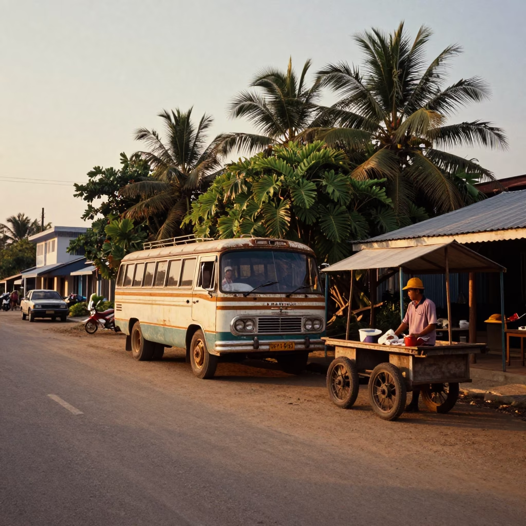 Vintage 1970s Phuket Street Scene at Sunset with Local Market Activity in in Phuket, Thailand