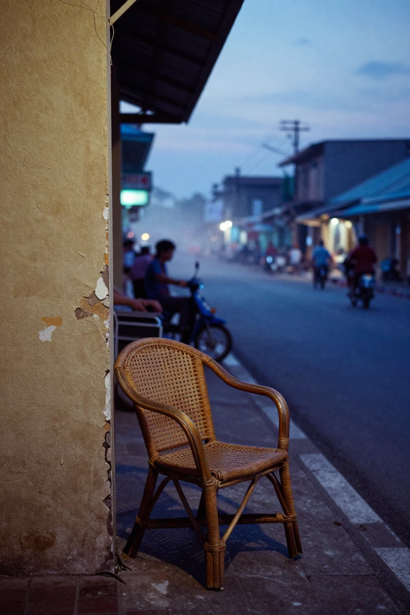 Vintage 1970s Phuket Thailand Street Scene at Nautical Dawn with Local Market Activity in in Phuket, Thailand