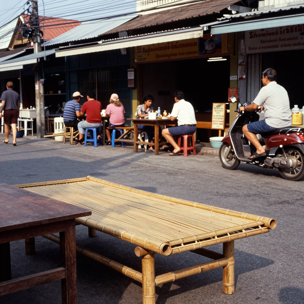 Vintage 1970s Phuket Thailand Street Scene with Bamboo Mat and Nigiri Platter in in Phuket, Thailand