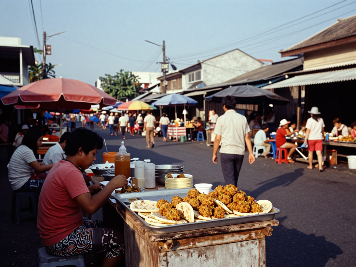 Vintage 1970s Phuket Thailand Street Scene with Local Market Activity and Tropical Architecture in in Phuket, Thailand
