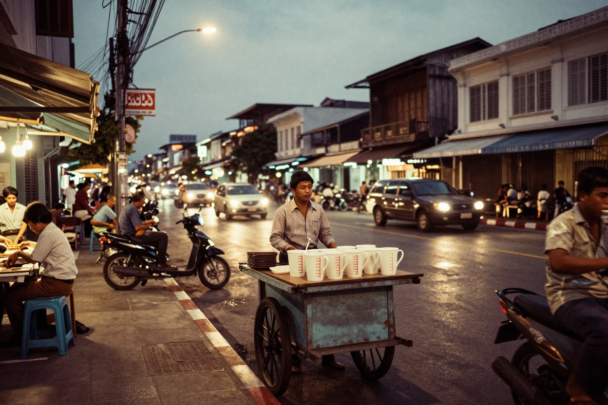 Vintage 1970s Phuket Thailand Street Scene with Measuring Cups and Local Life in in Phuket, Thailand