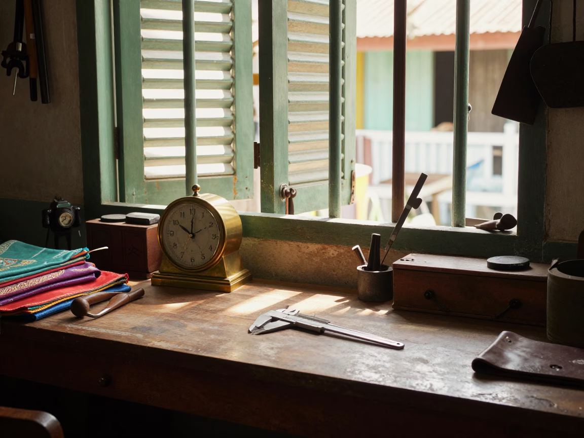 Vintage 1970s Phuket Workshop Interior with Tools and Textiles in in Phuket, Thailand