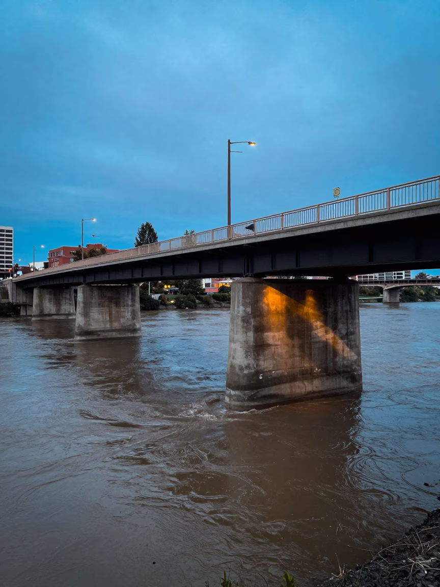 Vintage 1970s Portland Evening Scene with Muddy River and Urban Details in in Portland, Oregon, United States