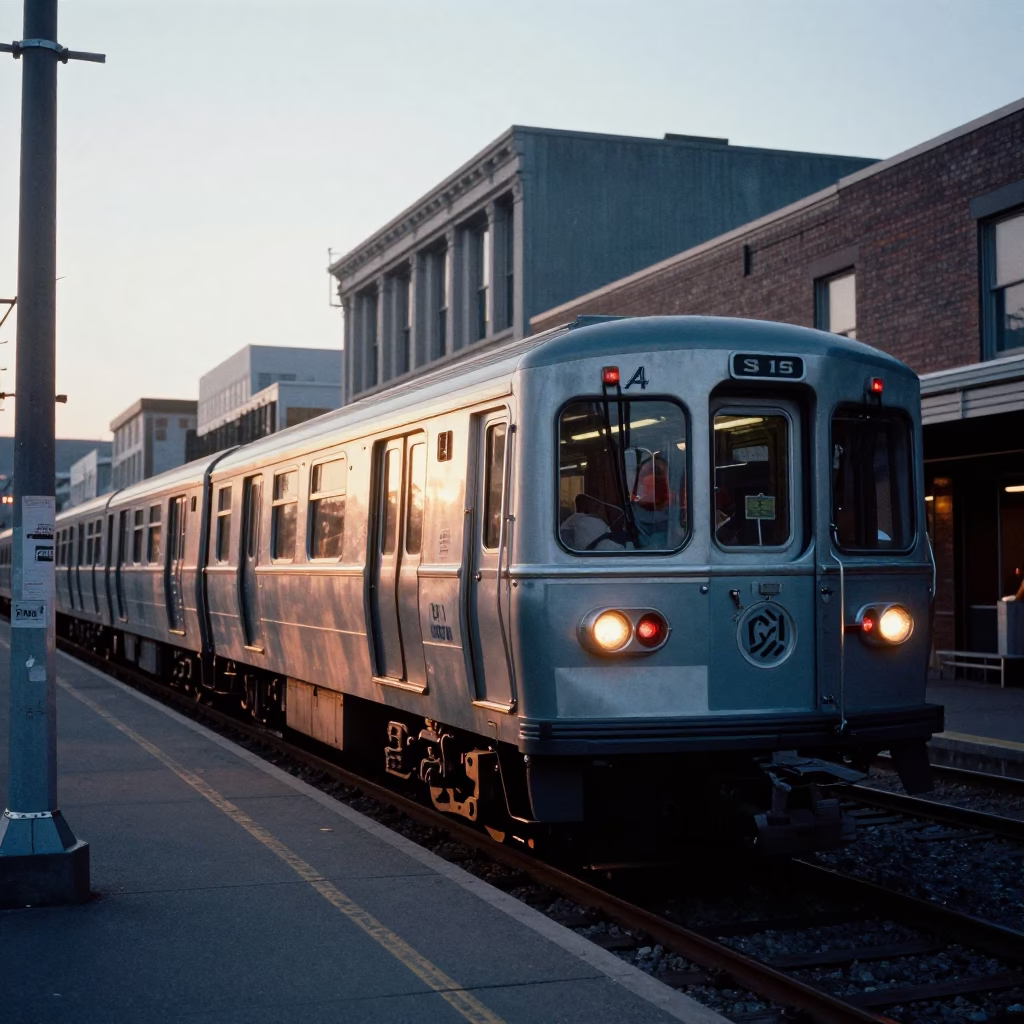 Vintage 1970s Portland Oregon Metro Train Arrival at Art Adorned Station Before Sunrise in in Portland, Oregon, United States