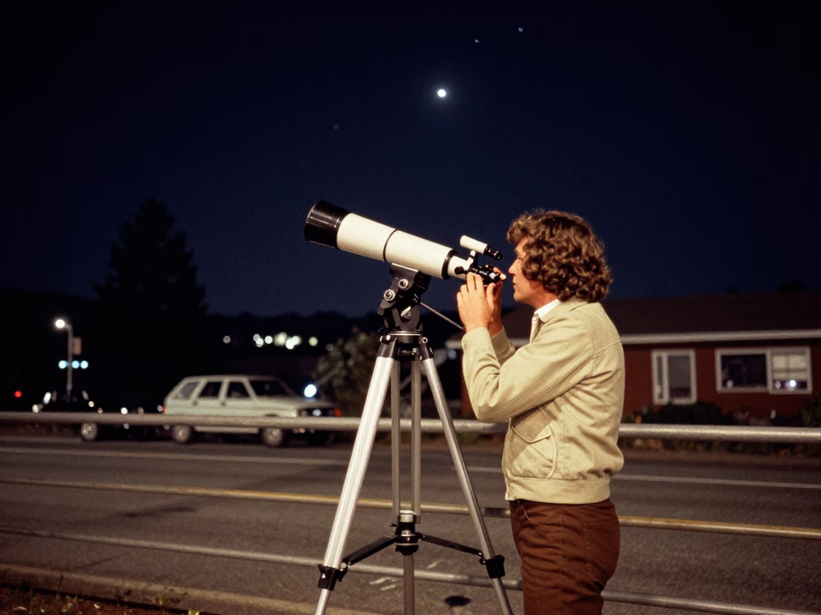 Vintage 1970s Portland Oregon Night Sky Astronomy Enthusiast with Telescope and Lockbox in in Portland, Oregon, United States