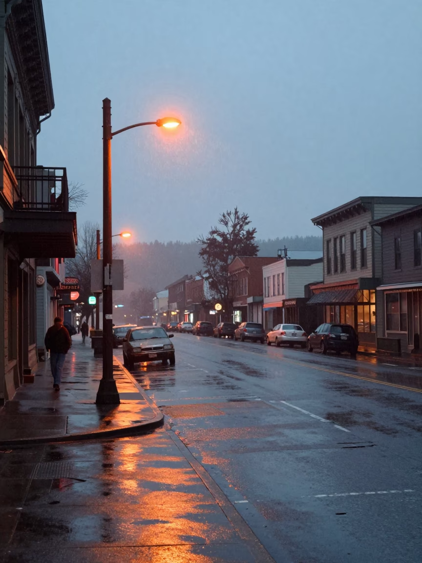 Vintage 1970s Portland Oregon Street Scene Before Dawn Rain Slipping Umbrella in in Portland, Oregon, United States