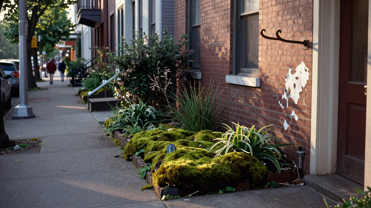 Vintage 1970s Portland Oregon street scene with moss garden and casual urban life in in Portland, Oregon, United States