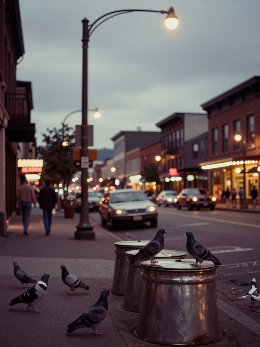 Vintage 1970s Portland Oregon Street Scene with Pigeons and Metal Stools at Dusk in in Portland, Oregon, United States