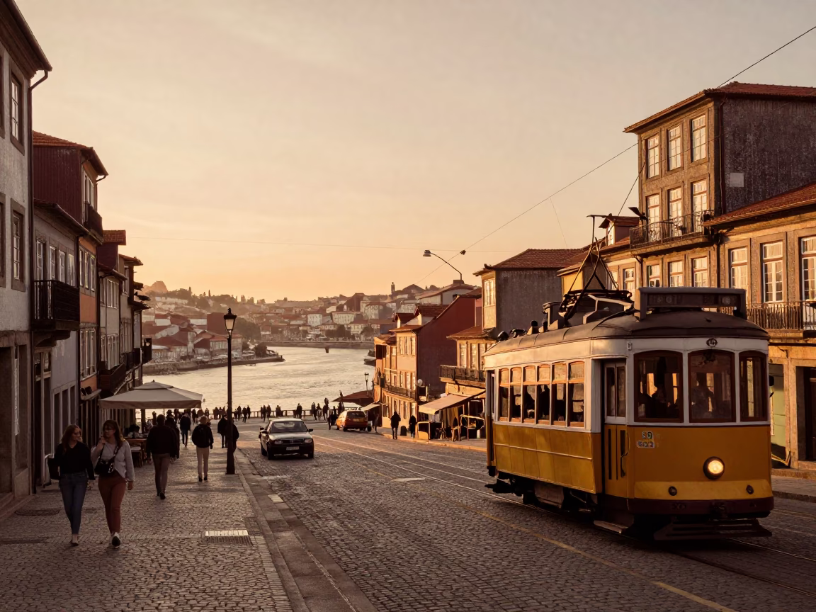 Vintage 1970s Porto Portugal Evening Street Scene with Tram and Architecture in in Porto, Portugal