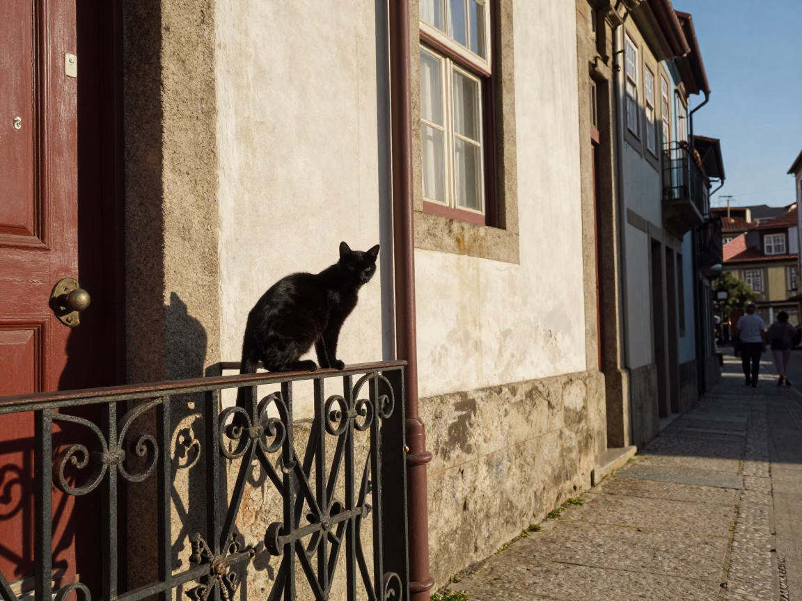 Vintage 1970s Porto Street Scene with Black Cat and Metal Stools in in Porto, Portugal