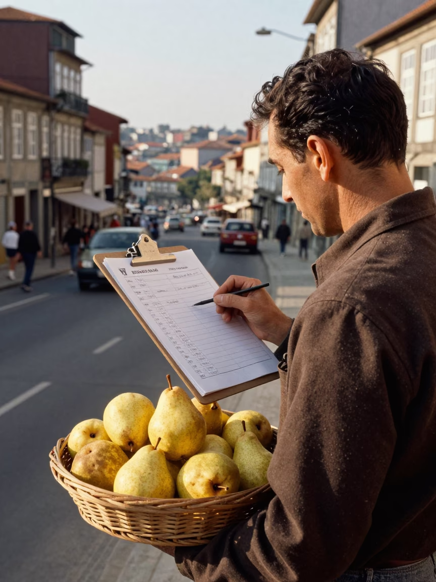 Vintage 1970s Porto street scene with clipboard and pears in in Porto, Portugal
