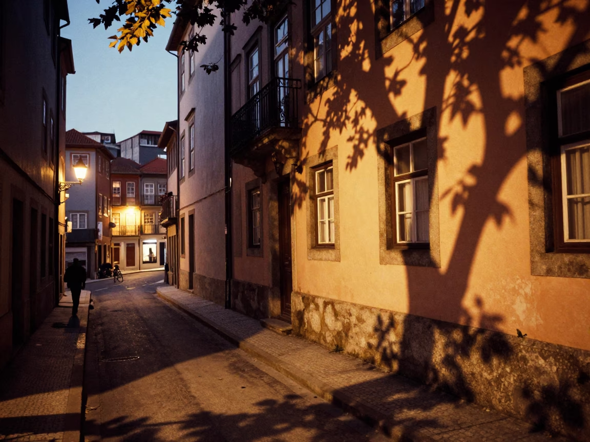 Vintage 1970s Porto Street Scene with Dappled Leaf Shadows on Plaster Walls at Dusk in in Porto, Portugal
