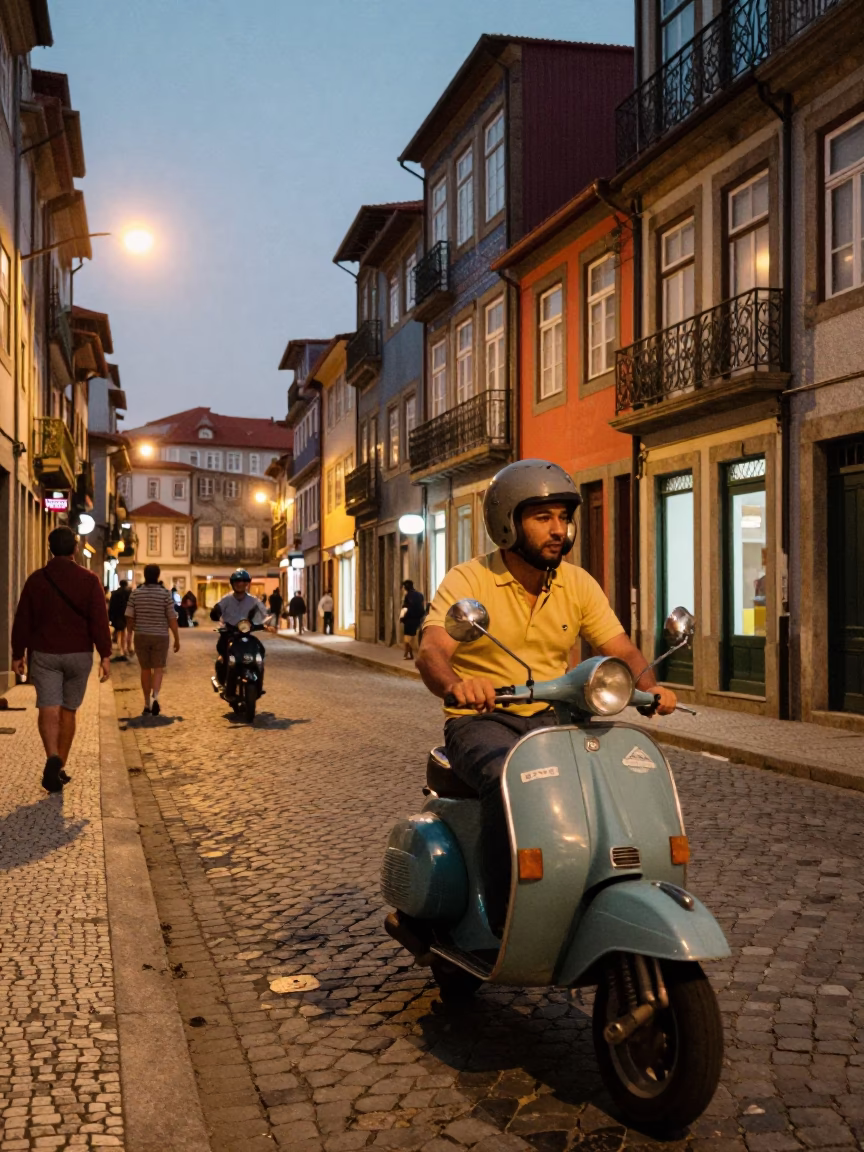 Vintage 1970s Porto Street Scene with Scooter and Colorful Architecture in in Porto, Portugal