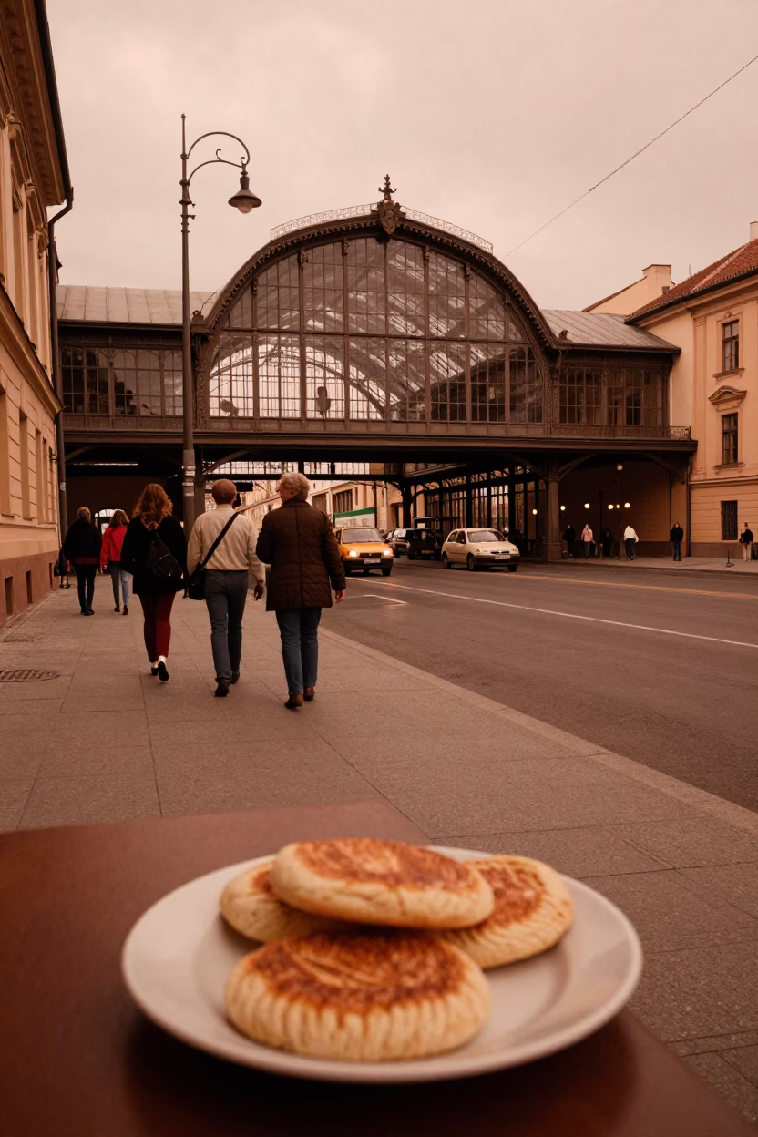 Vintage 1970s Prague Dusk Street Scene with Arepas and Local Interaction in in Prague, Czech Republic