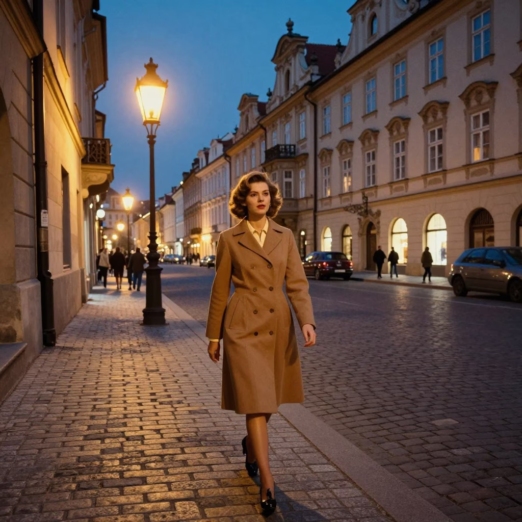 Vintage 1970s Prague Evening Street Scene with Model and Local Details in in Prague, Czech Republic