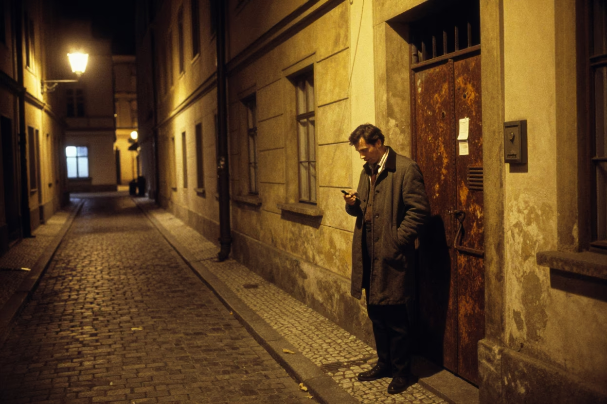 Vintage 1970s Prague Night Street Scene with Safety Razor and Dish Towel in in Prague, Czech Republic