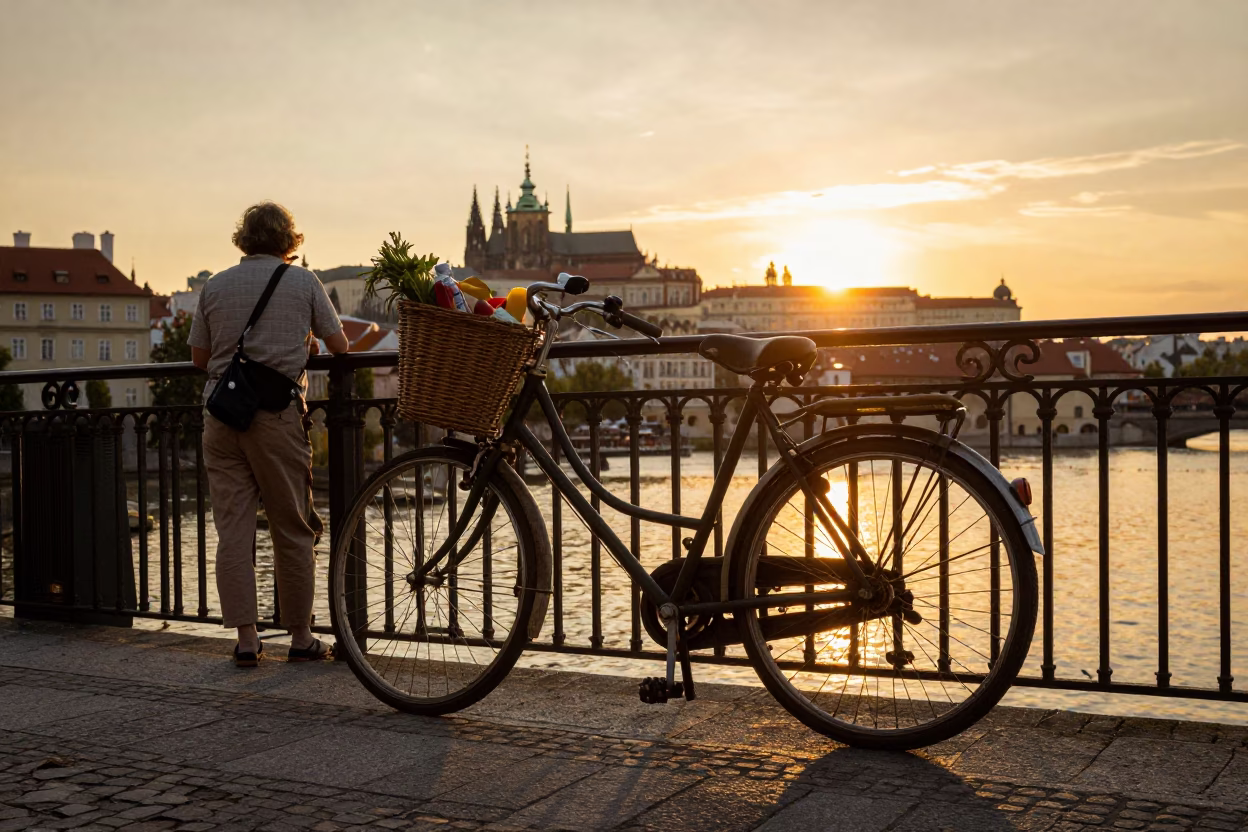 Vintage 1970s Prague Street Scene Sunset with Bicycle Basket and Churros in in Prague, Czech Republic