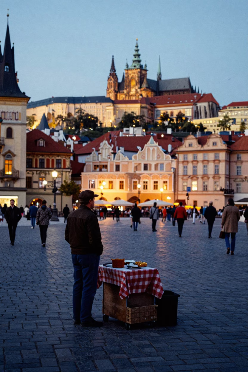 Vintage 1970s Prague Street Scene with City Lights and Newspaper Vendor in in Prague, Czech Republic