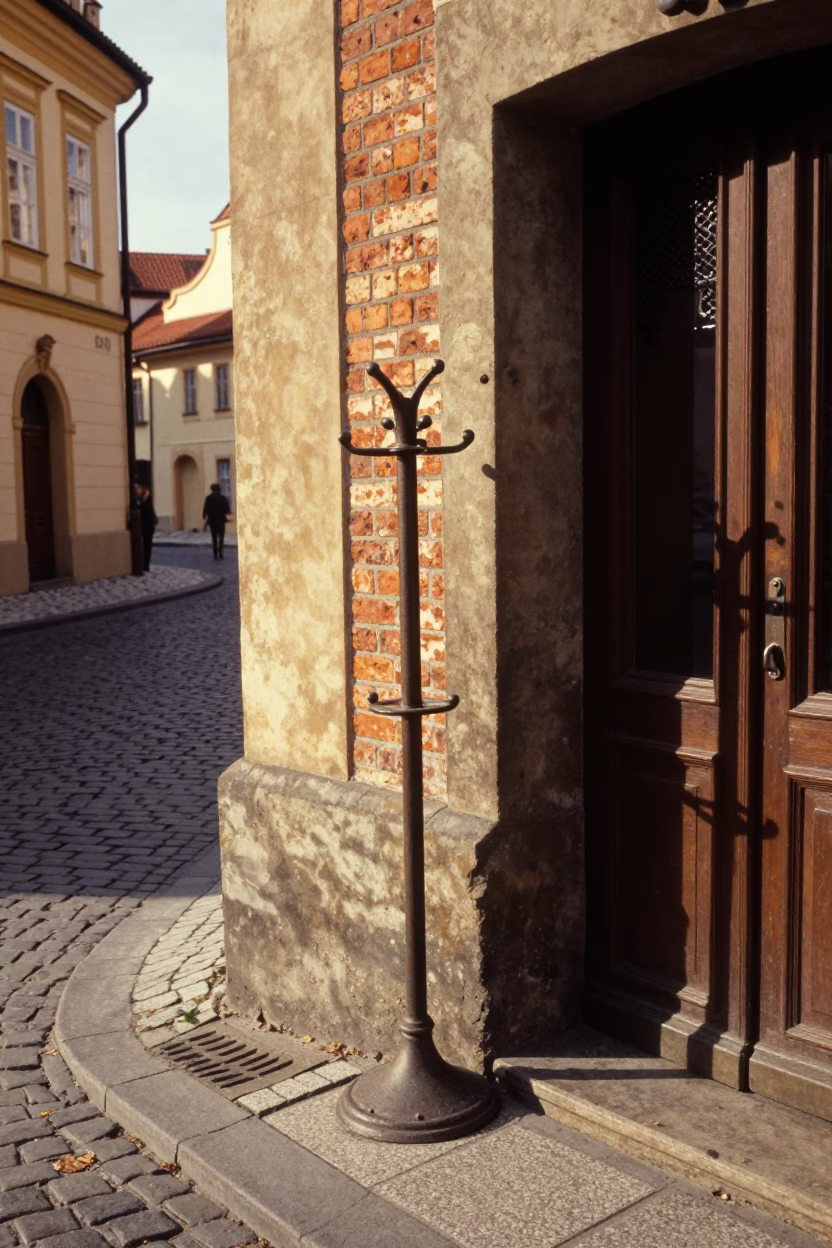 Vintage 1970s Prague Street Scene with Coat Stand and Local Interaction in in Prague, Czech Republic
