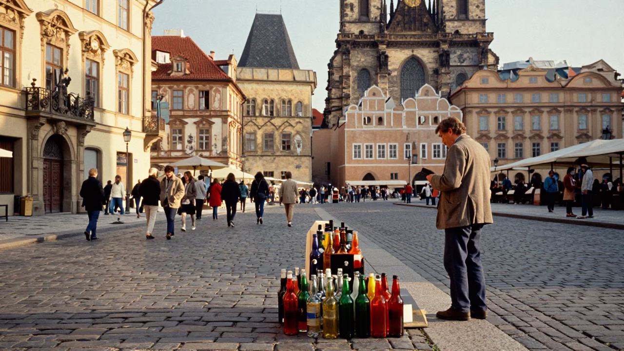 Vintage 1970s Prague Street Scene with Colorful Glass Bottles and Fallen Petals in in Prague, Czech Republic