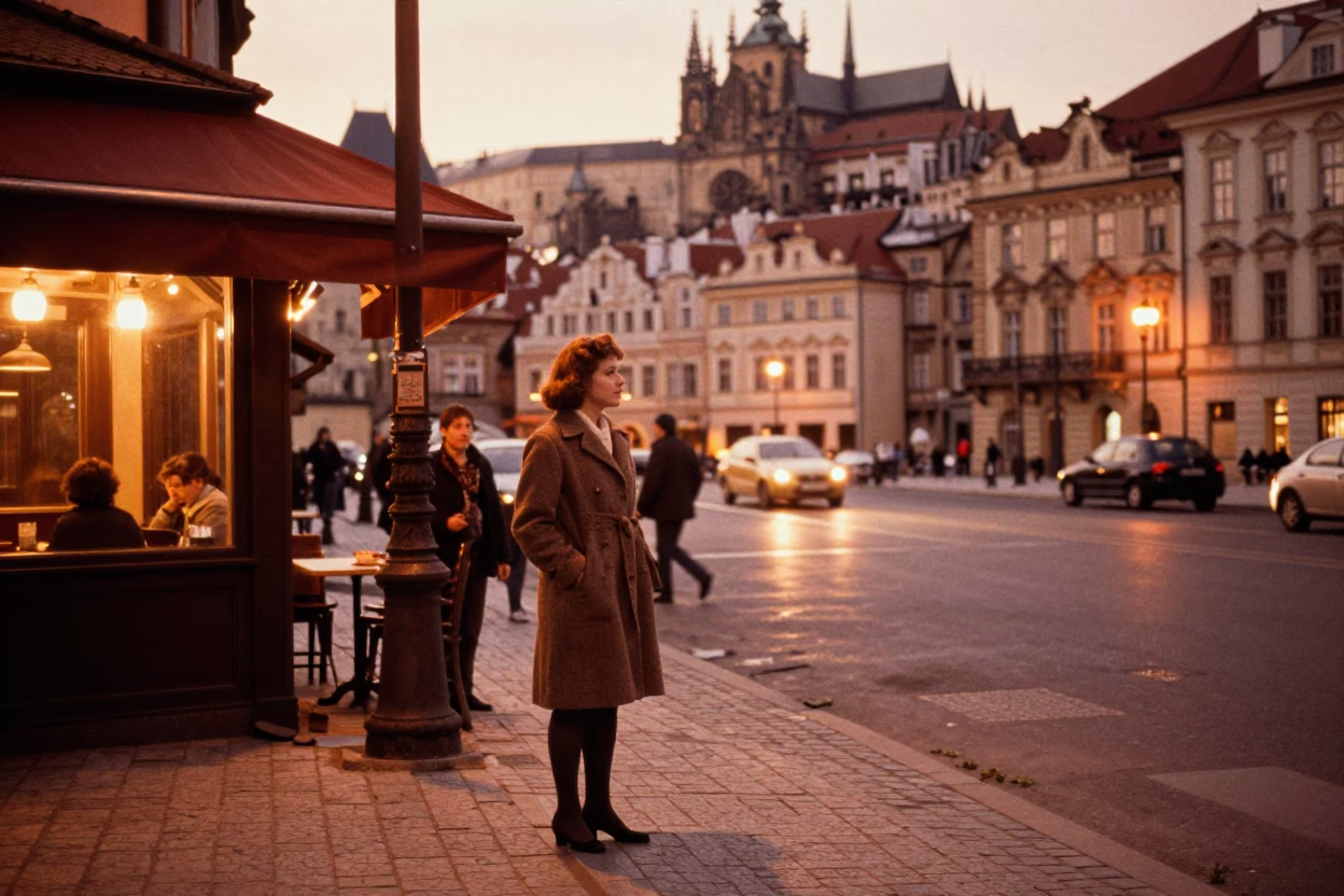 Vintage 1970s Prague Street Scene with Copper Dusk Light and Jacaranda Bloom in in Prague, Czech Republic