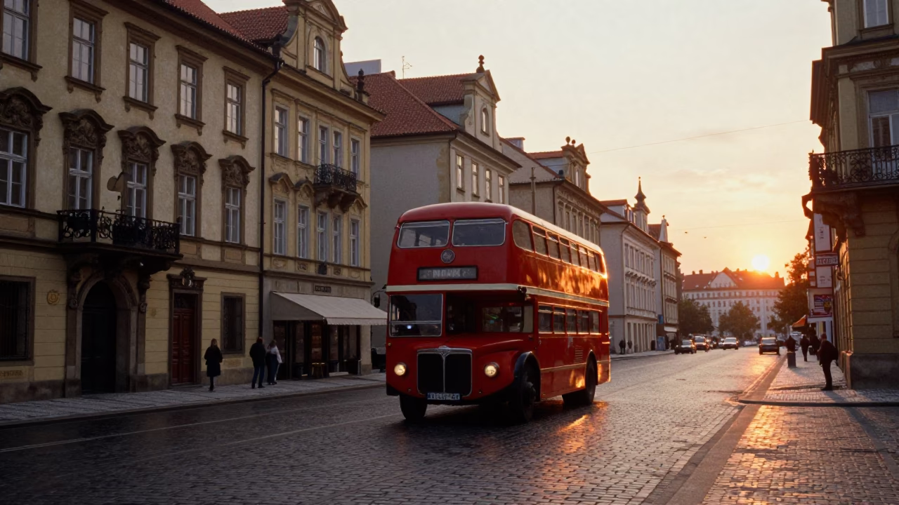 Vintage 1970s Prague Street Scene with Red Double-Decker Bus at Sunset in in Prague, Czech Republic