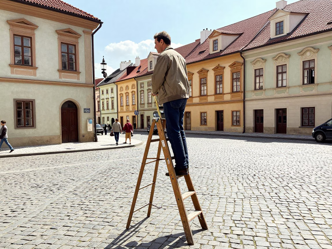 Vintage 1970s Prague Street Scene with Step Ladder and Local Commerce in in Prague, Czech Republic