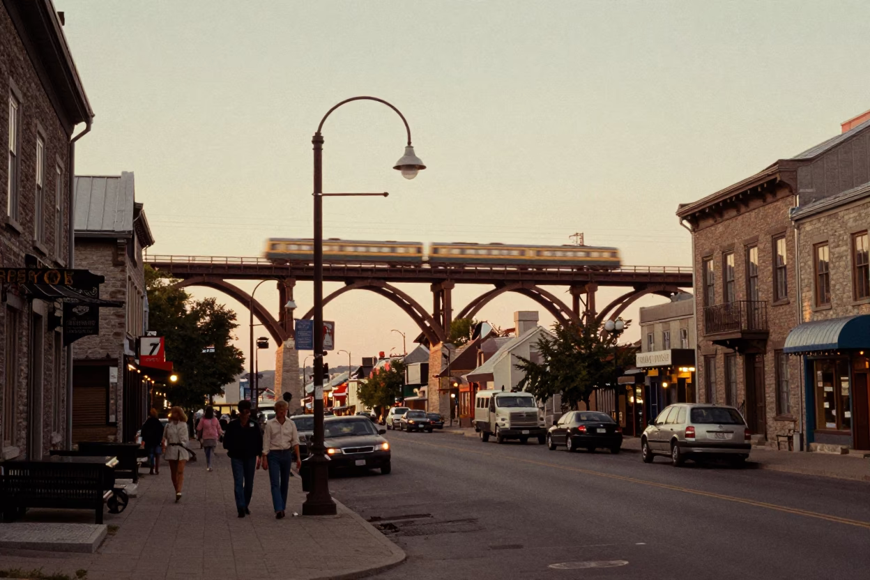 Vintage 1970s Quebec City Evening Street Scene with Railway Viaduct and Gondola in in Quebec City, Quebec, Canada
