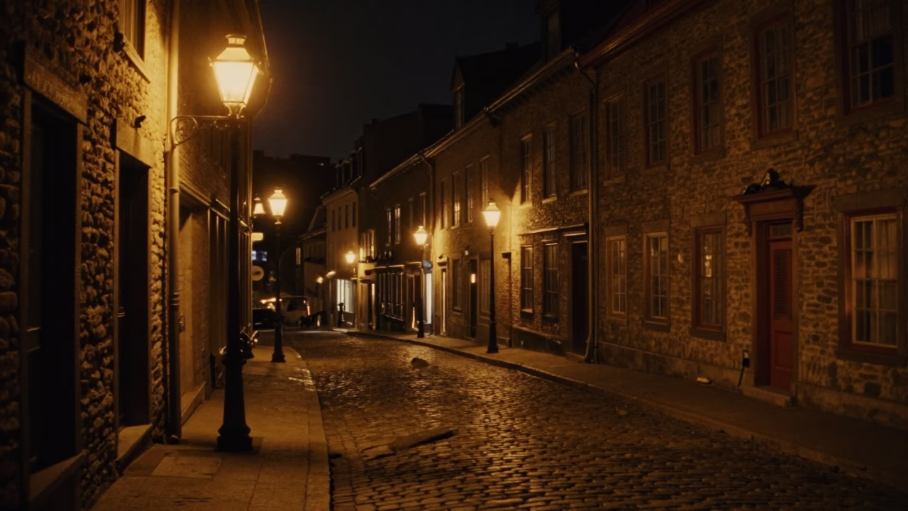 Vintage 1970s Quebec City Night Street Scene with Brass Bell and Local Culture in in Quebec City, Quebec, Canada