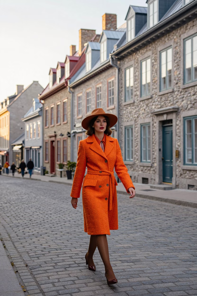 Vintage 1970s Quebec City Street Fashion and Architecture After Sunrise in in Quebec City, Quebec, Canada