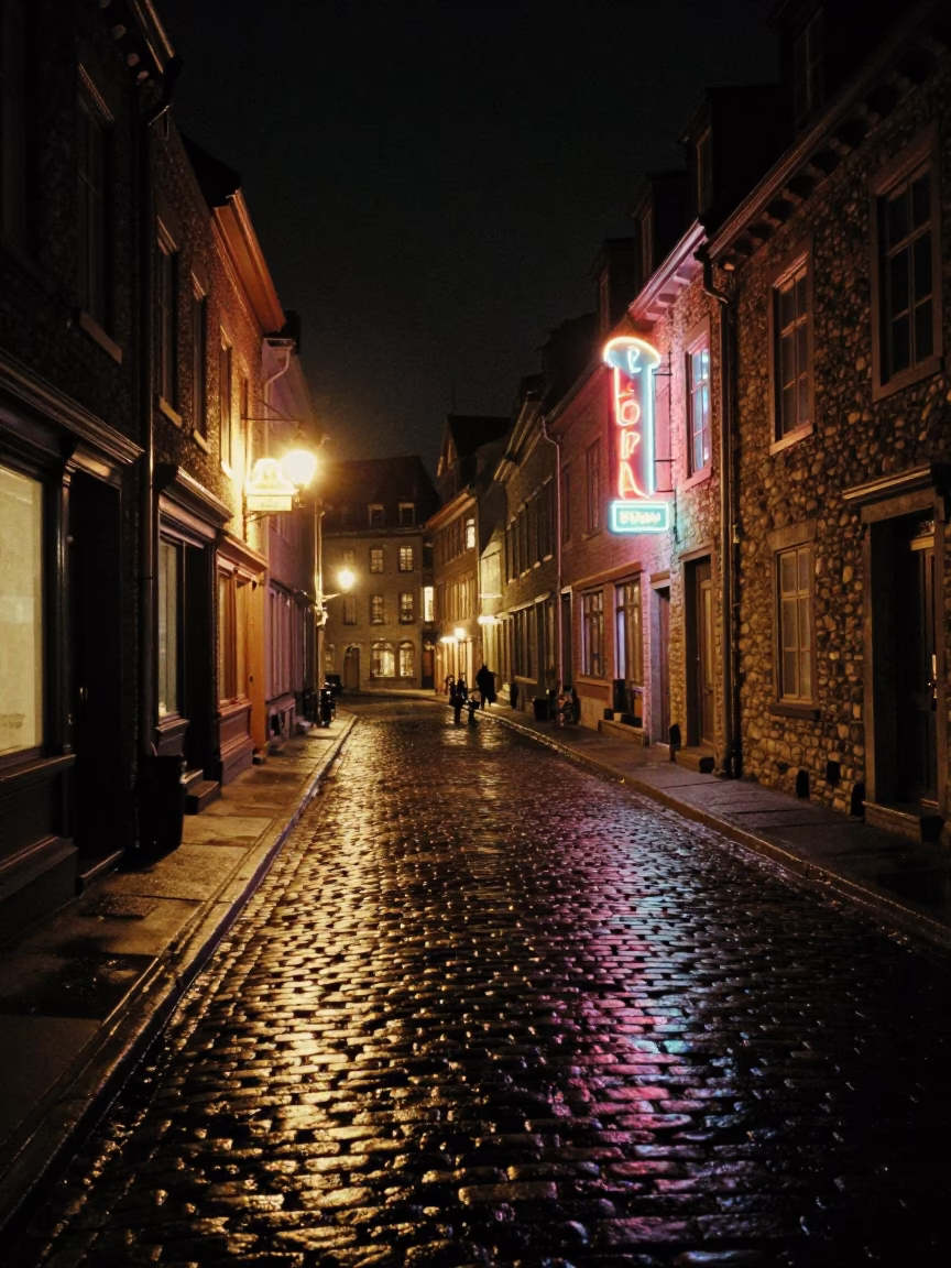 Vintage 1970s Quebec City Street Scene at Night with Neon Reflections and Coiled Rope in in Quebec City, Quebec, Canada