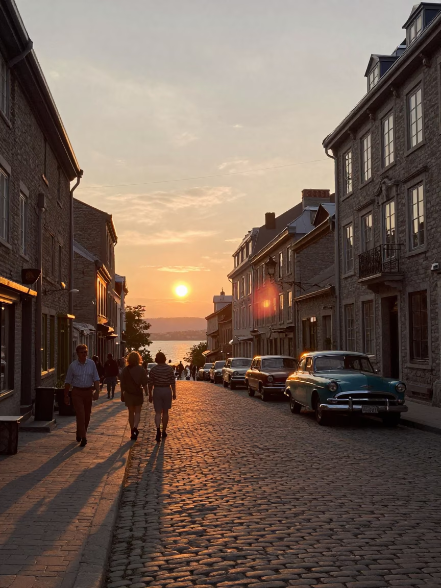 Vintage 1970s Quebec City Street Scene at Sunset with Classic Architecture and Local Life in in Quebec City, Quebec, Canada