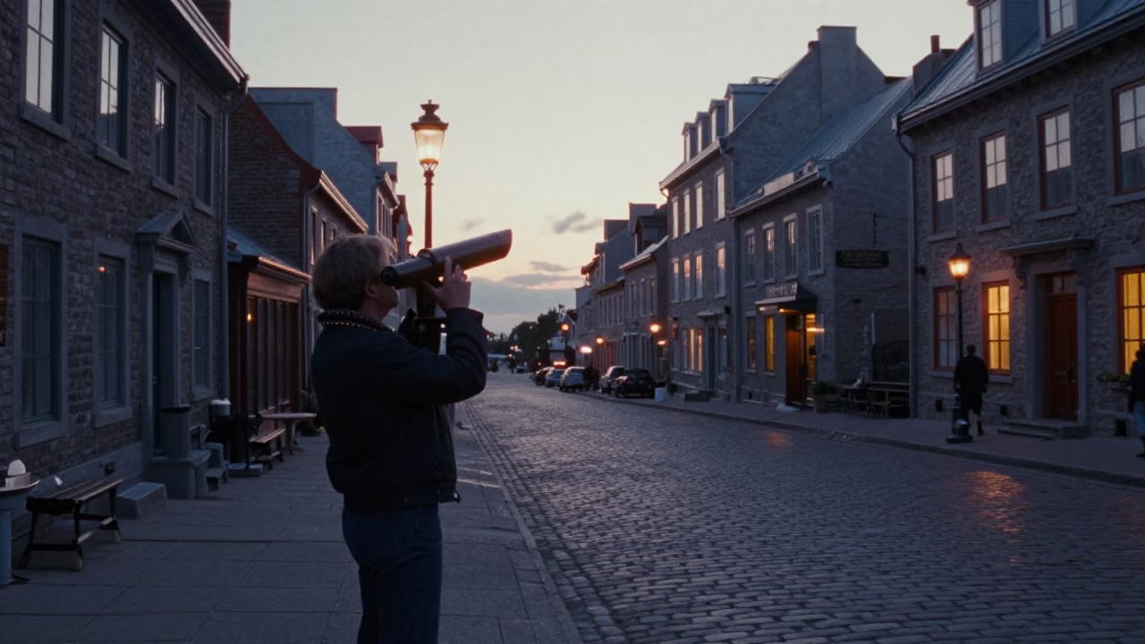 Vintage 1970s Quebec City Street Scene Before Dawn With Telescope And Sketchbook in in Quebec City, Quebec, Canada