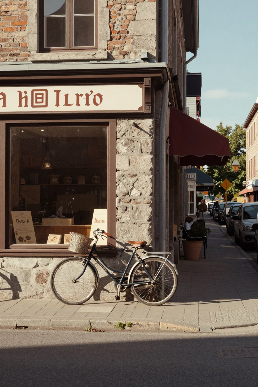 Vintage 1970s Quebec City Street Scene with Bicycle and Bakery in in Quebec City, Quebec, Canada